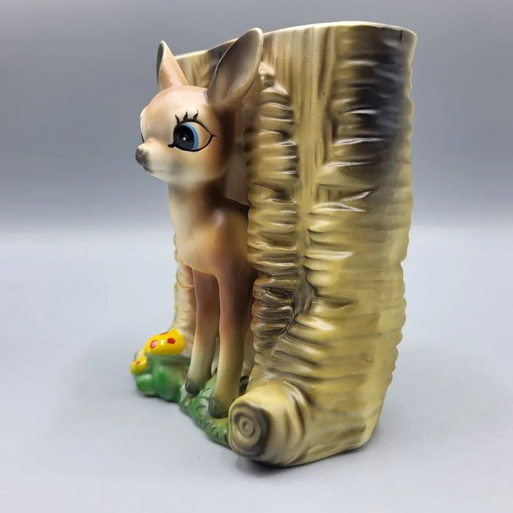 Vintage MCM Bambi Deer Vase Kitchy Planter Deer & Mushrooms Ceramic Table Decor - Picture 8 of 16